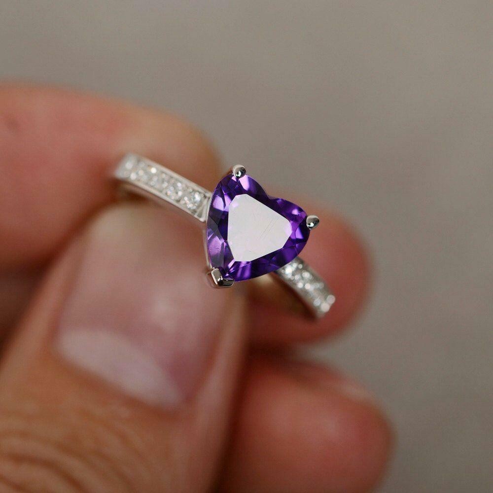 2.10Ct Heart Cut Simulated Purple Amethyst Women’s Ring In 14k White Gold Plated