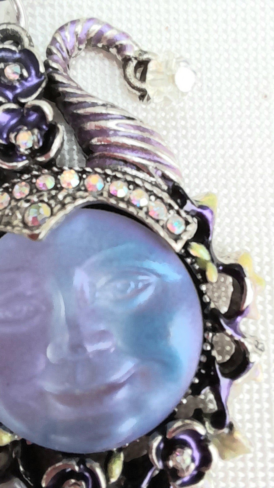 Kirks Folly Sea view Moon Face pendant necklace enamelled with ab stones signed