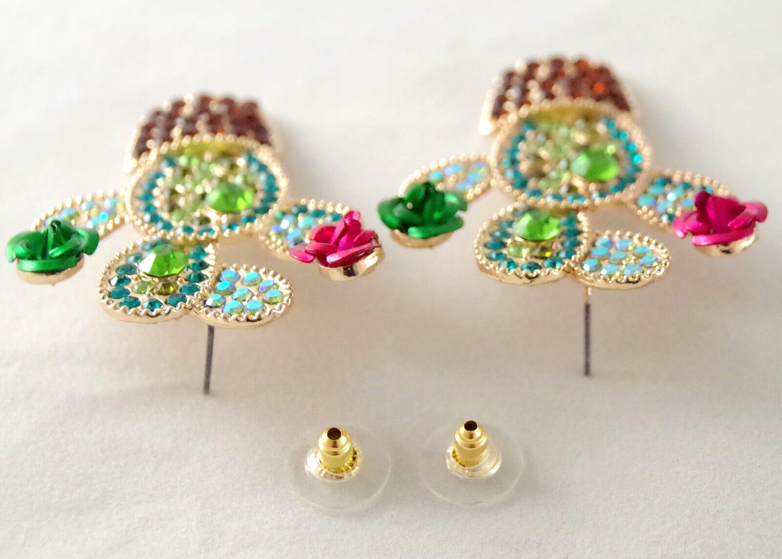 1.75″ BETSEY JOHNSON CRYSTAL RHINESTONE CACTI w 3D METAL CACTUS FLOWERS EARRINGS