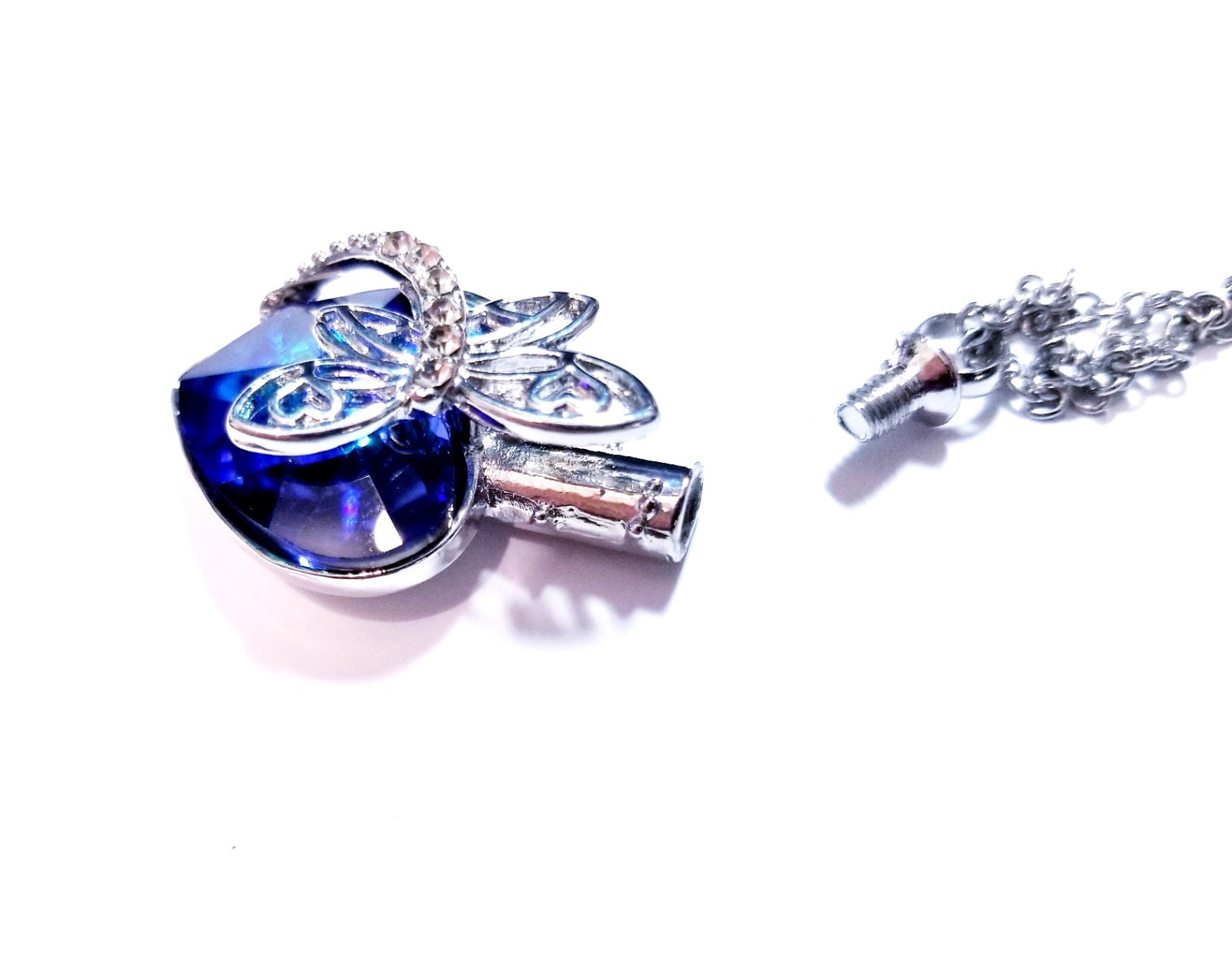 Silver Tone Urn Cremation Memorial Necklace Dragonfly Pendant for Ashes Blue