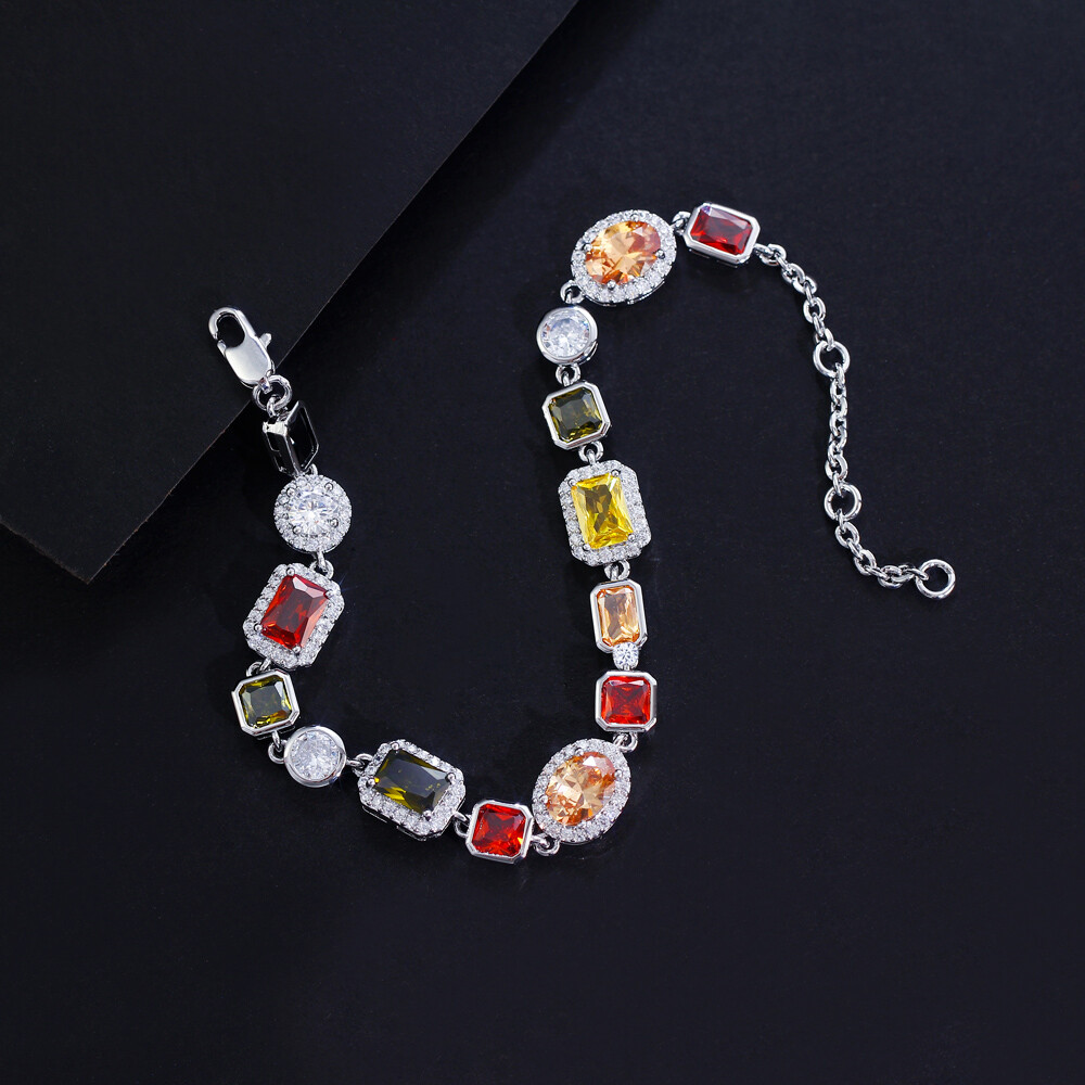 Women Boho Gold Plated Colorful Cubic Zirconia Chain Bracelet Party Jewelry Gift