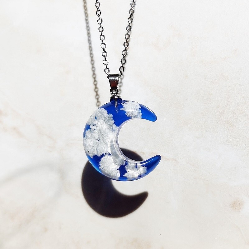 White Clouds Night Sky Resin Crescent Moon Pendant Necklace