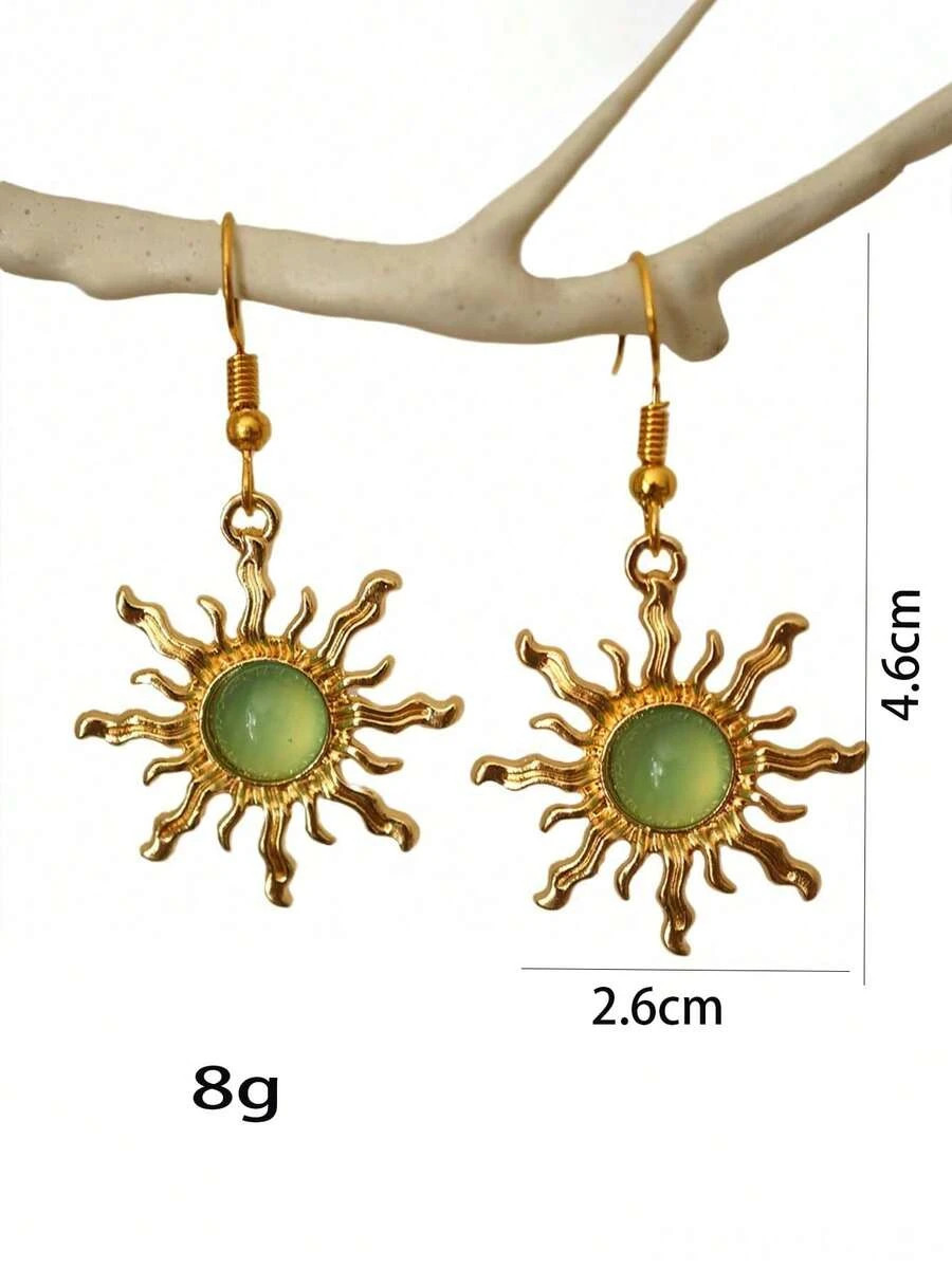 1 pair Boho Sunflower Jade Earrings Gold Plated Baroque Dangle Women