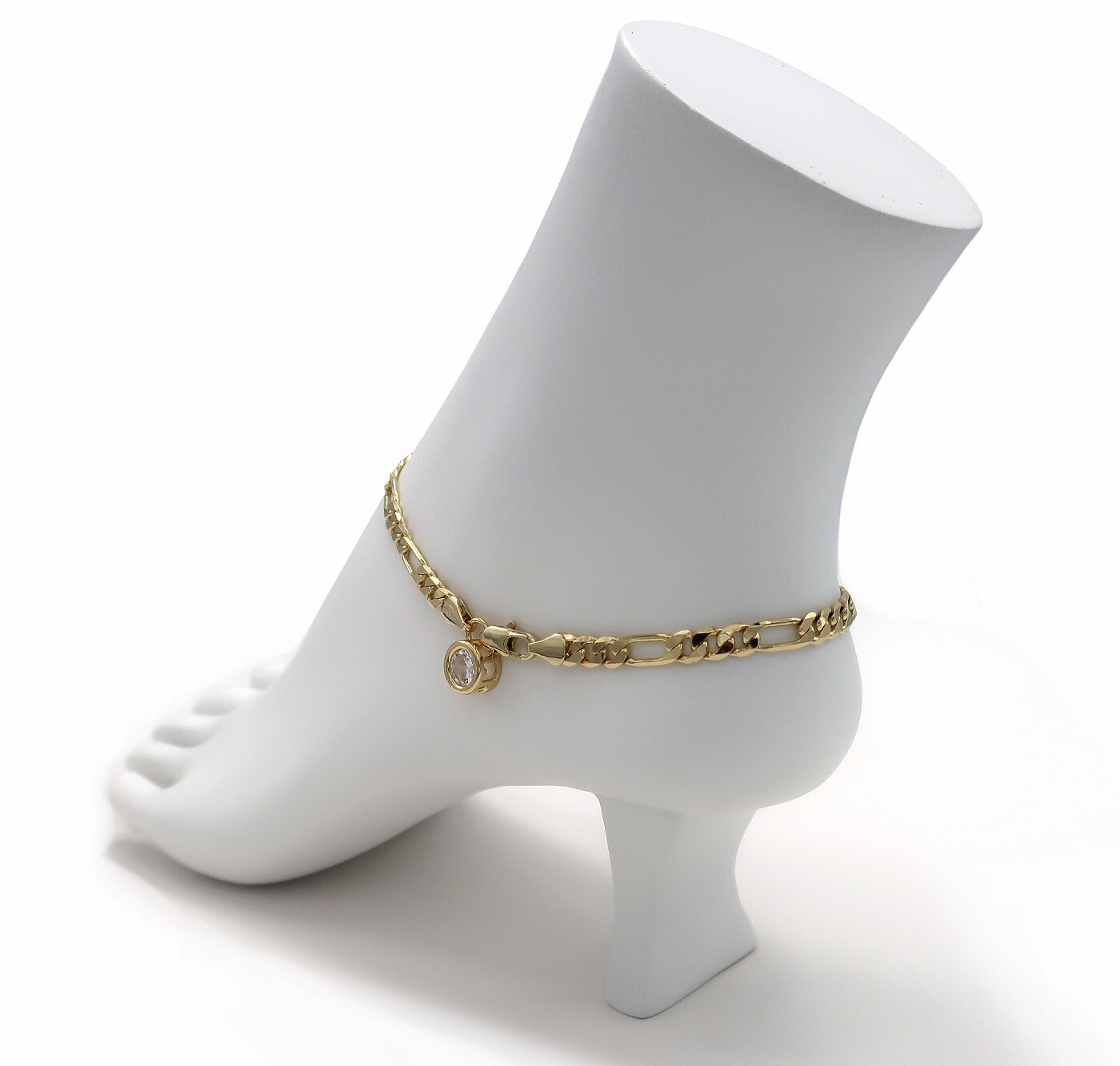 5mm ITALIAN FIGARO CHAIN ANKLET CZ STONE ANKLE BRACELET 14K GOLD PLATED