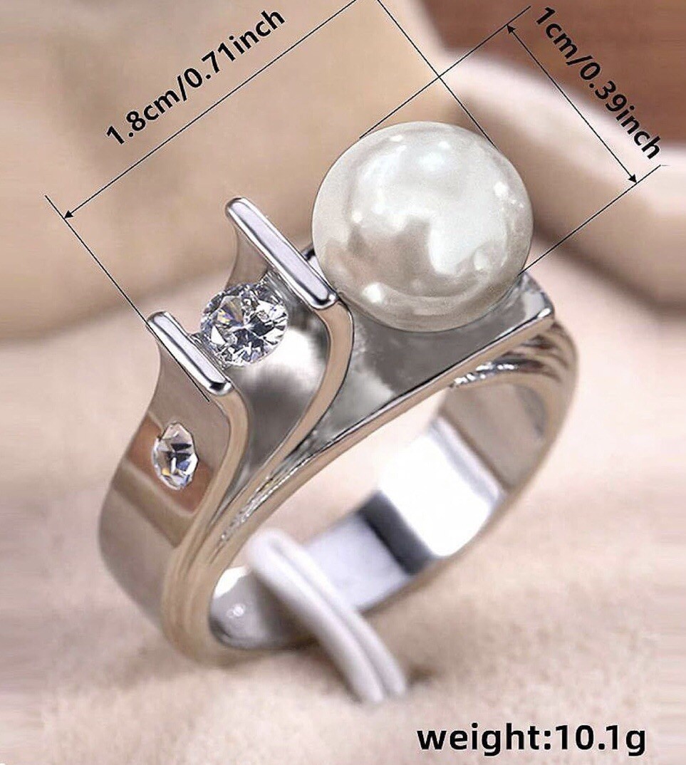 Women’s Size 10 Cocktail Party Ring With Faux Pearl In Silver Tone – NEW –