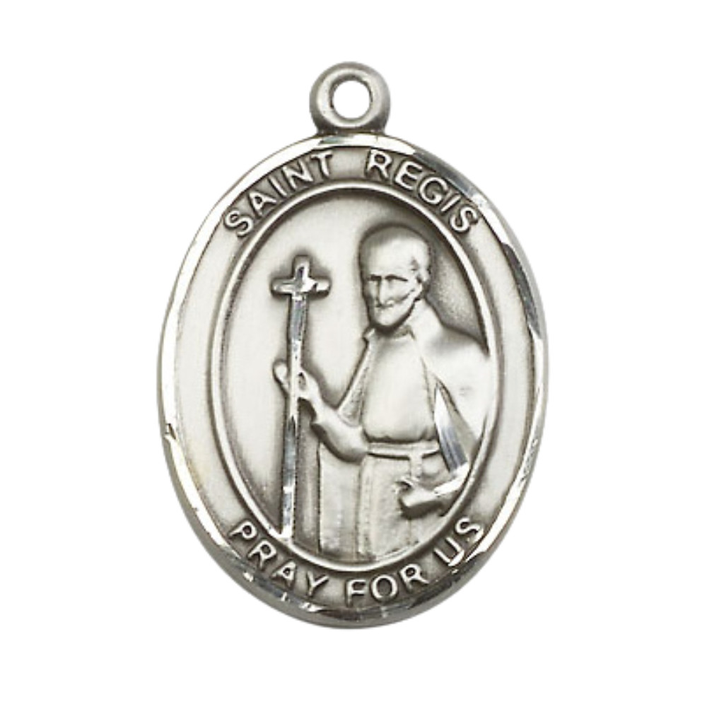 Large Pewter Saint Regis Medal Pendant 24″ Lobster Claw Chain Religious Necklace
