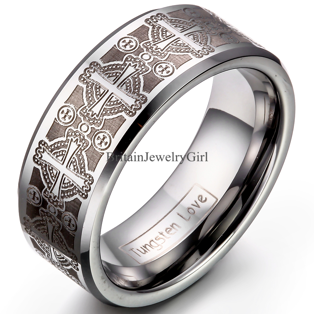 8mmTungsten Carbide Ring Comfort Fit Laser Etched Cross Men Jewelry Wedding Band