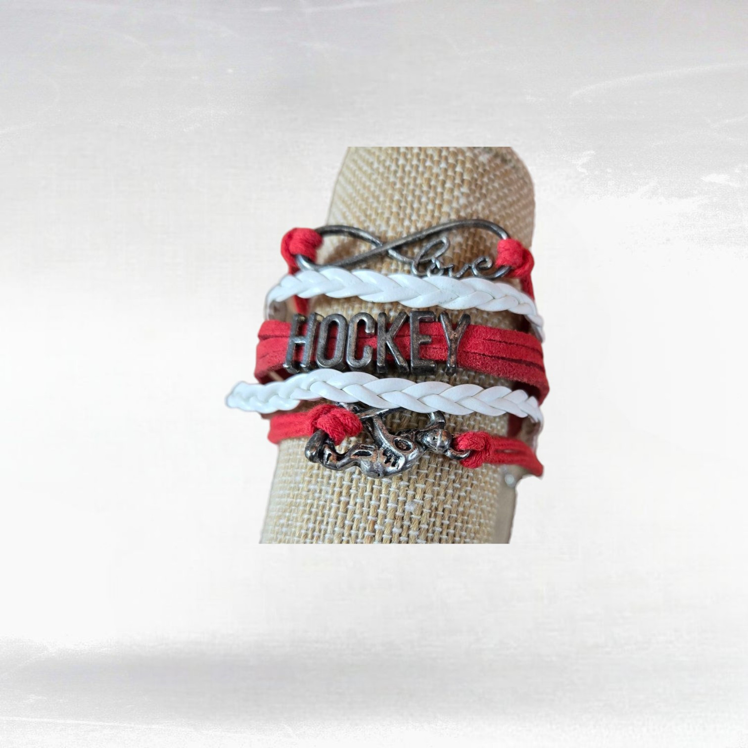 5 Strand Red & White Love Hockey Player Fashion Bracelet
