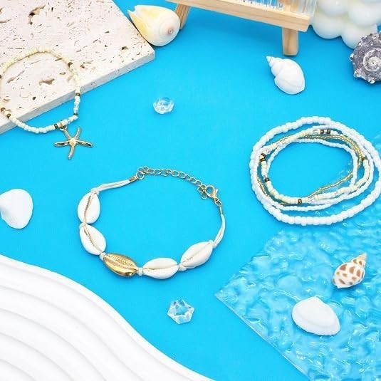 Boho Shell & Starfish Beach Bracelets Set for Women, Handmade Stretch Jewelry