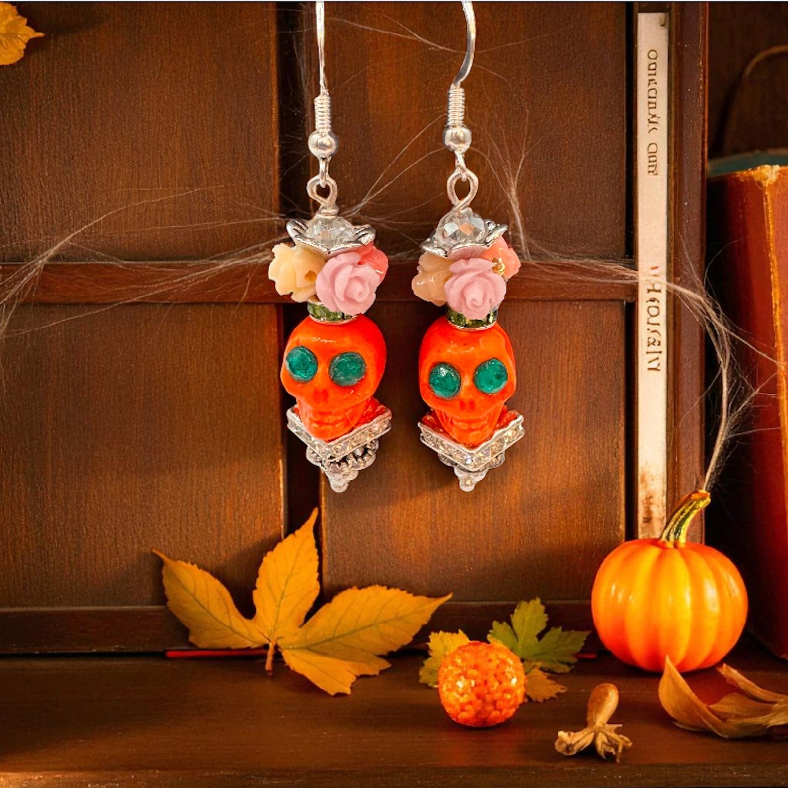 Orange Skull Dia de Muertos/Day of the Dead Dangle Earrings Halloween Fashion