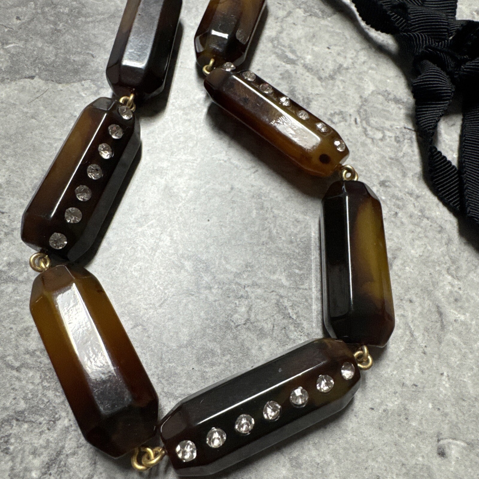 J Crew Bead Necklace Brown Colored Oblong Rhinestones Black Ribbon 36″ NEW gift