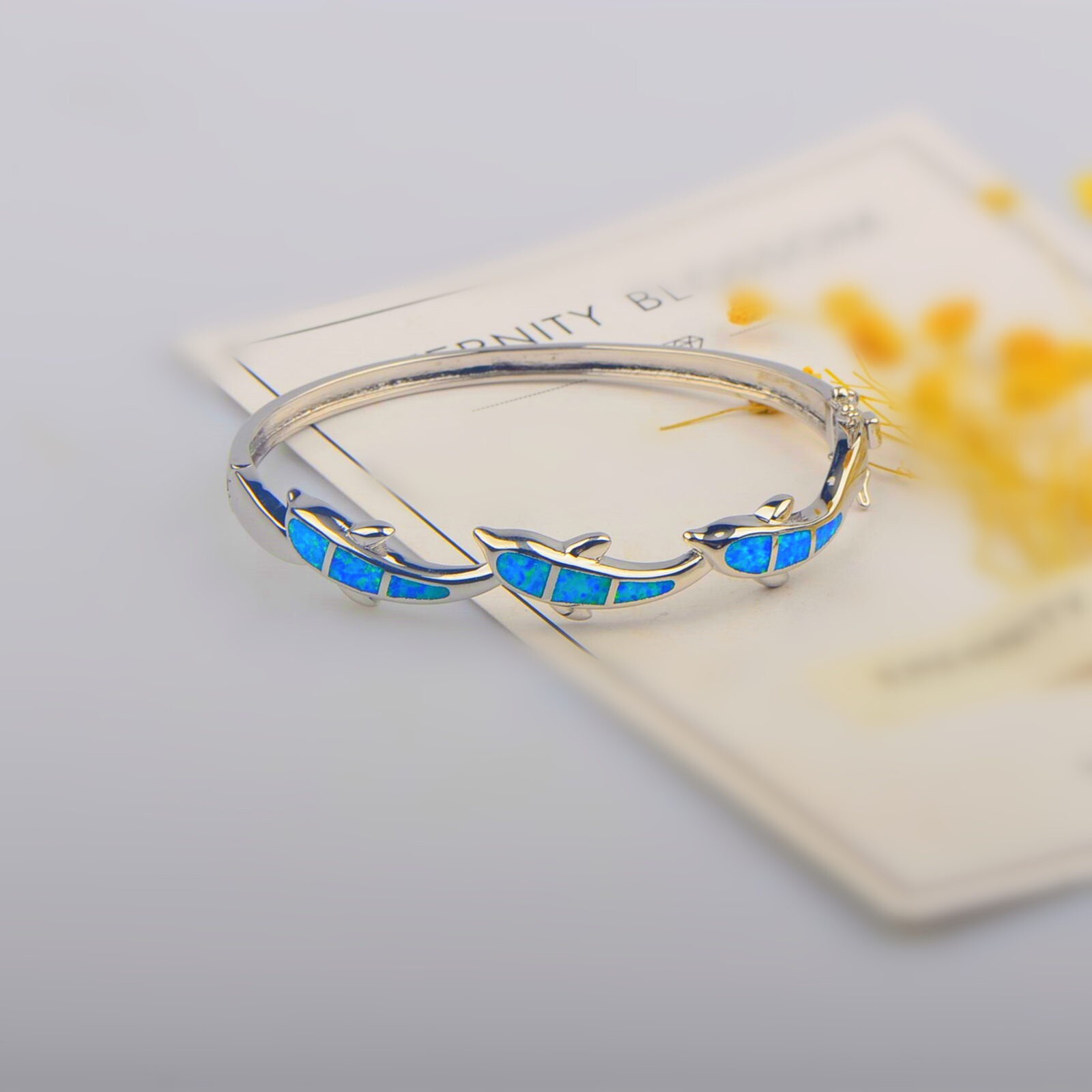 Blue Opal Cute Dolphin Cuff Bangles 925 Sterling Sliver Jewelry For Women Girl