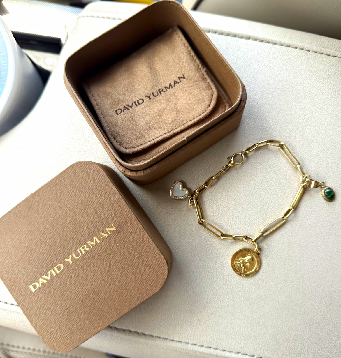 David Yurman Sterling Silver Gold Paperclip Charm Bracelet Heart Green Stone