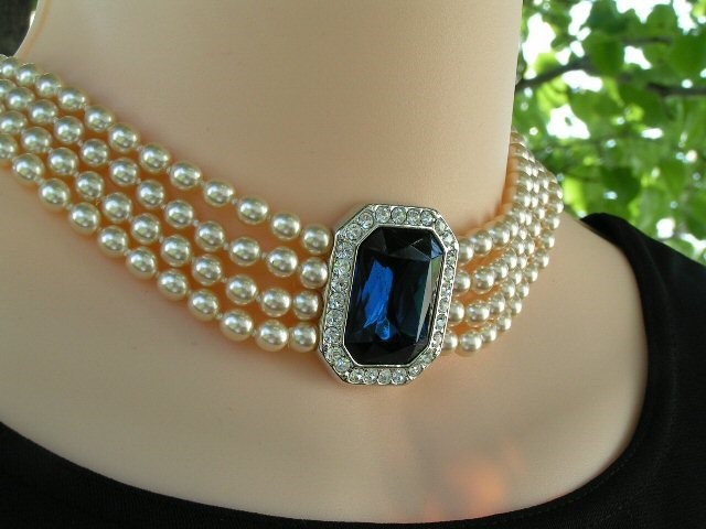 KENNETH JAY LANE KJL PRINCESS DIANA PEARL SAPPHIRE CRYSTAL NECKLACE/EARRINGS SET