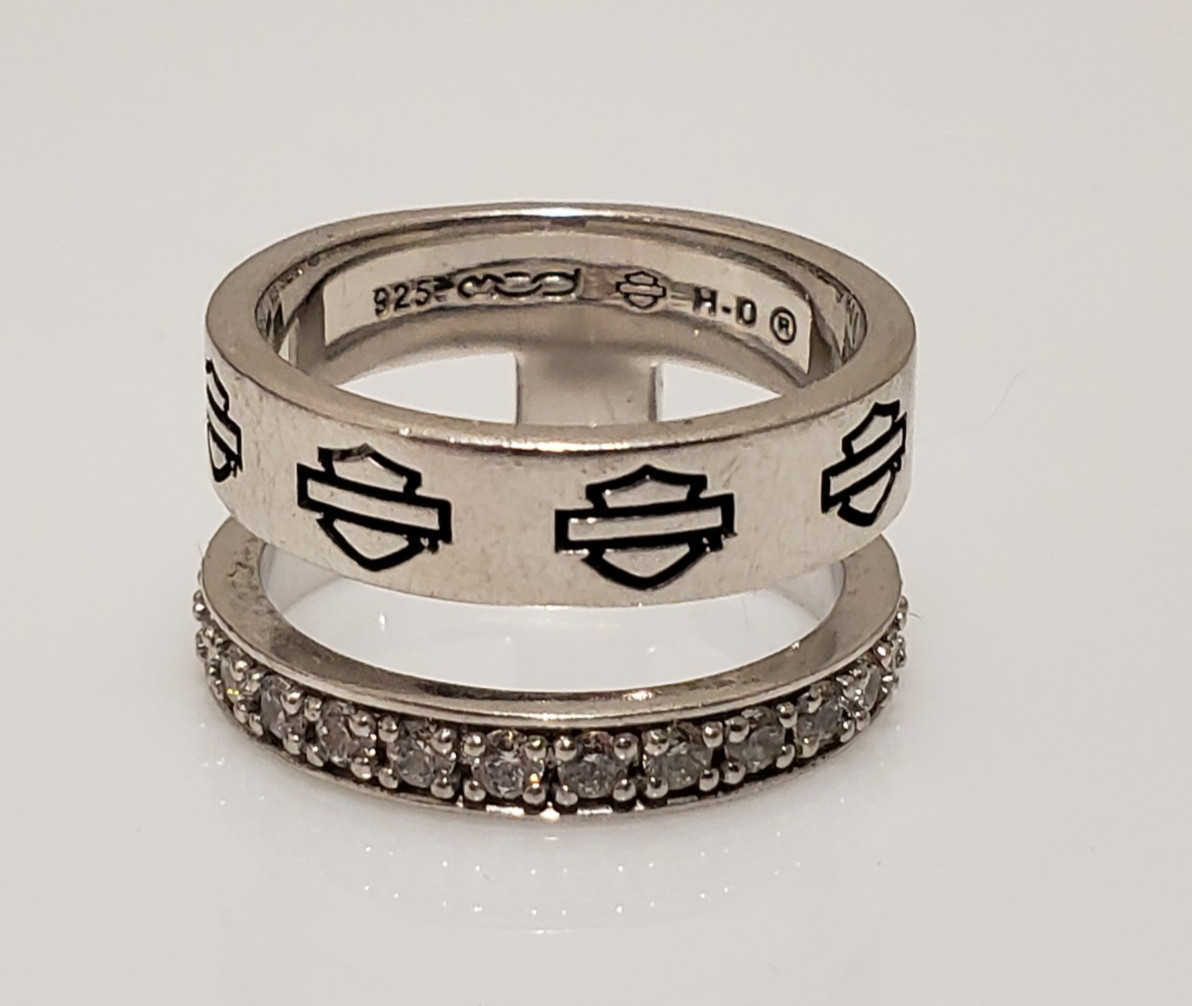 MOD Harley Davidson Sterling Silver Wide CZ Band Ring Size 7 .25