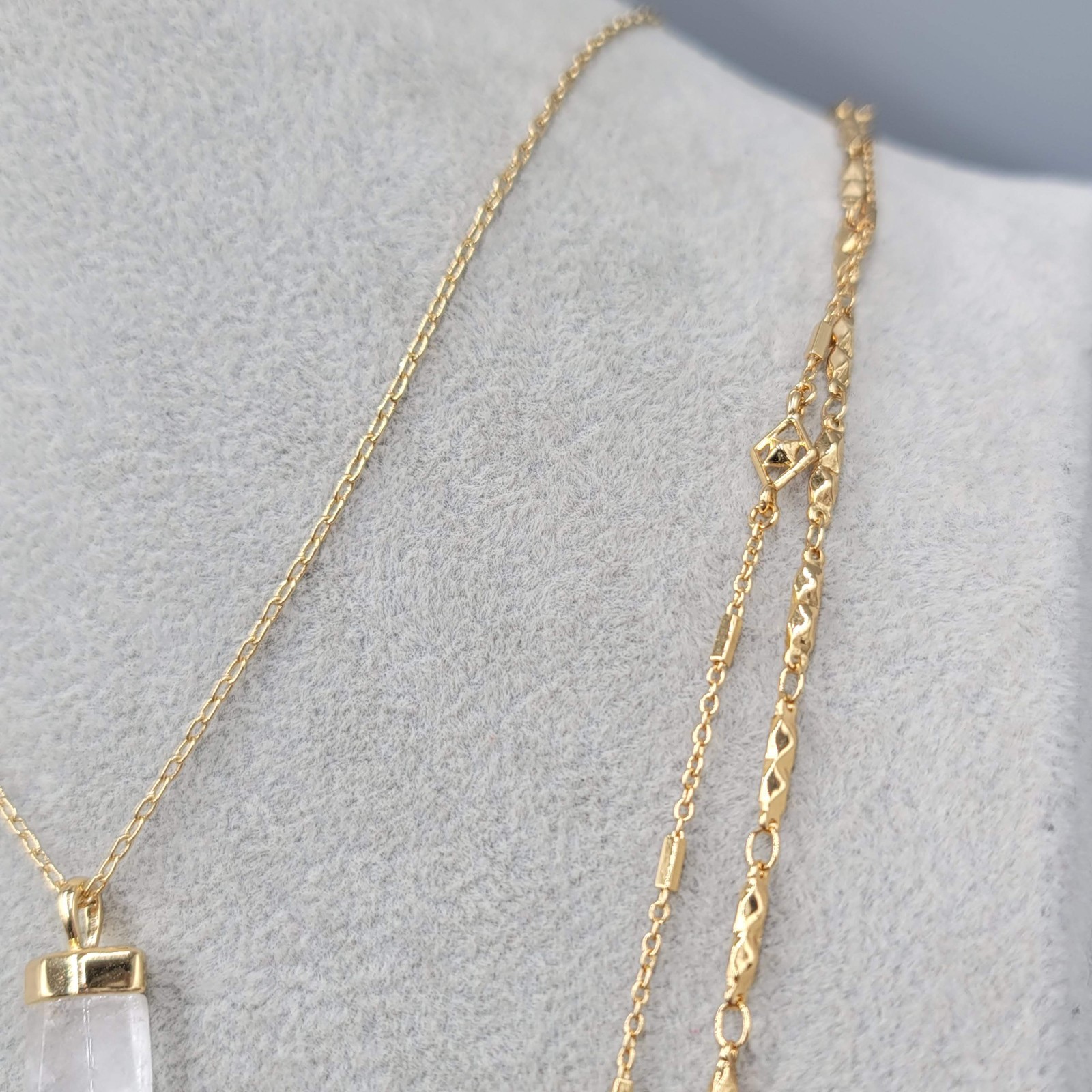 Stella & Dot Natural Quartz Pendant Necklace Gold tone Triple Chain Long