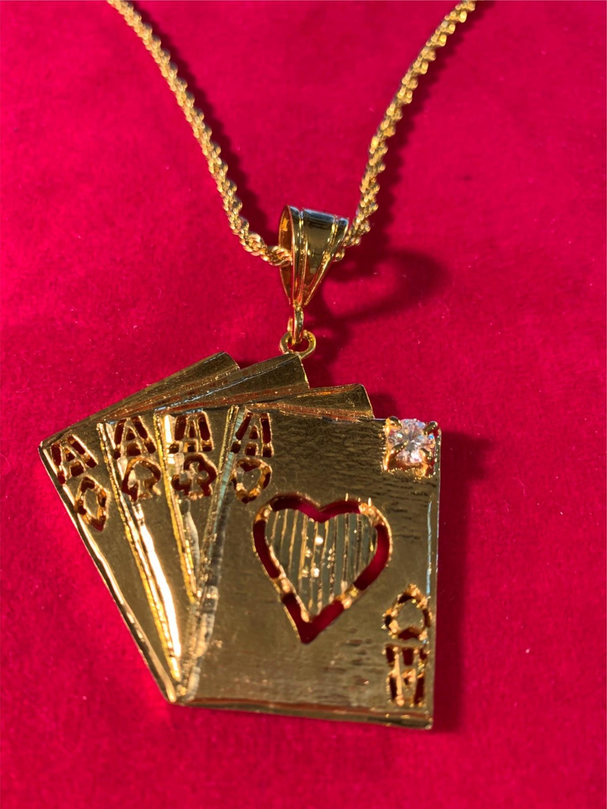 14KT GOLD PLATED GAMBLING 4 ACES & CZ CHARM &16″-30″ 3MM ROPE CHAINS -4810