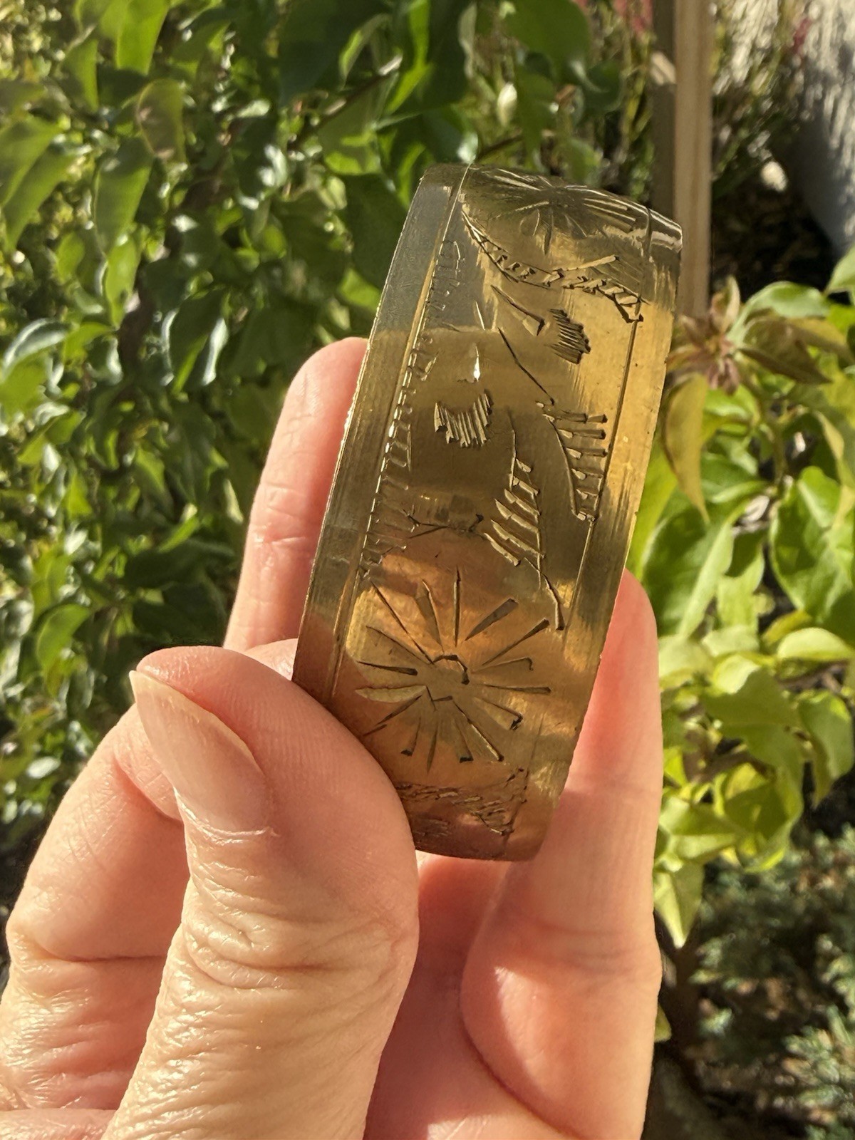 Vintage Wide Solid Brass Bangle Bracelet Floral Etched For Average Wrist