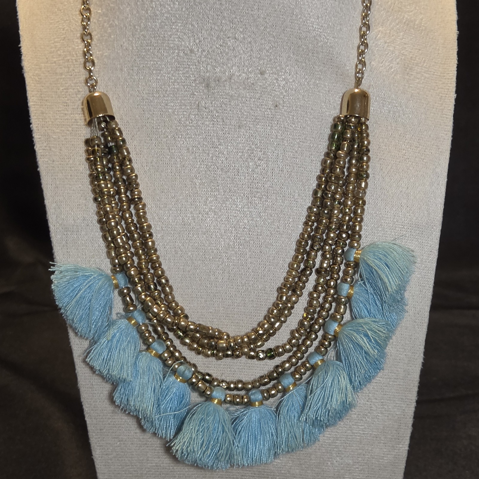 Blue Tassel Beaded Necklace With Gold-tone Accents And Chic Layered Style!…
