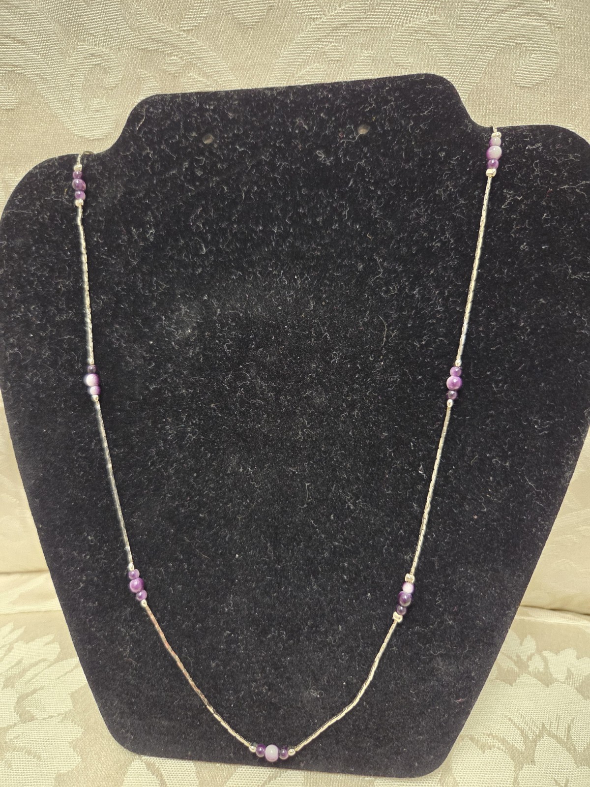 Vintage Tone Station Snake Chain Necklace Purple Glass Beads Spring Ring Korea