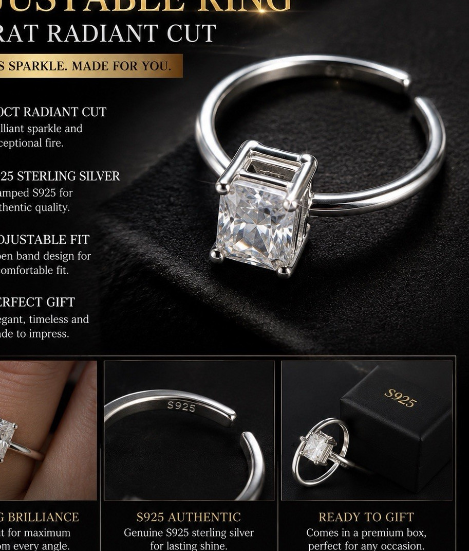 S925 Sterling Silver Adjustable Solitaire Ring 2.0ct Radiant Moissanite 6×8