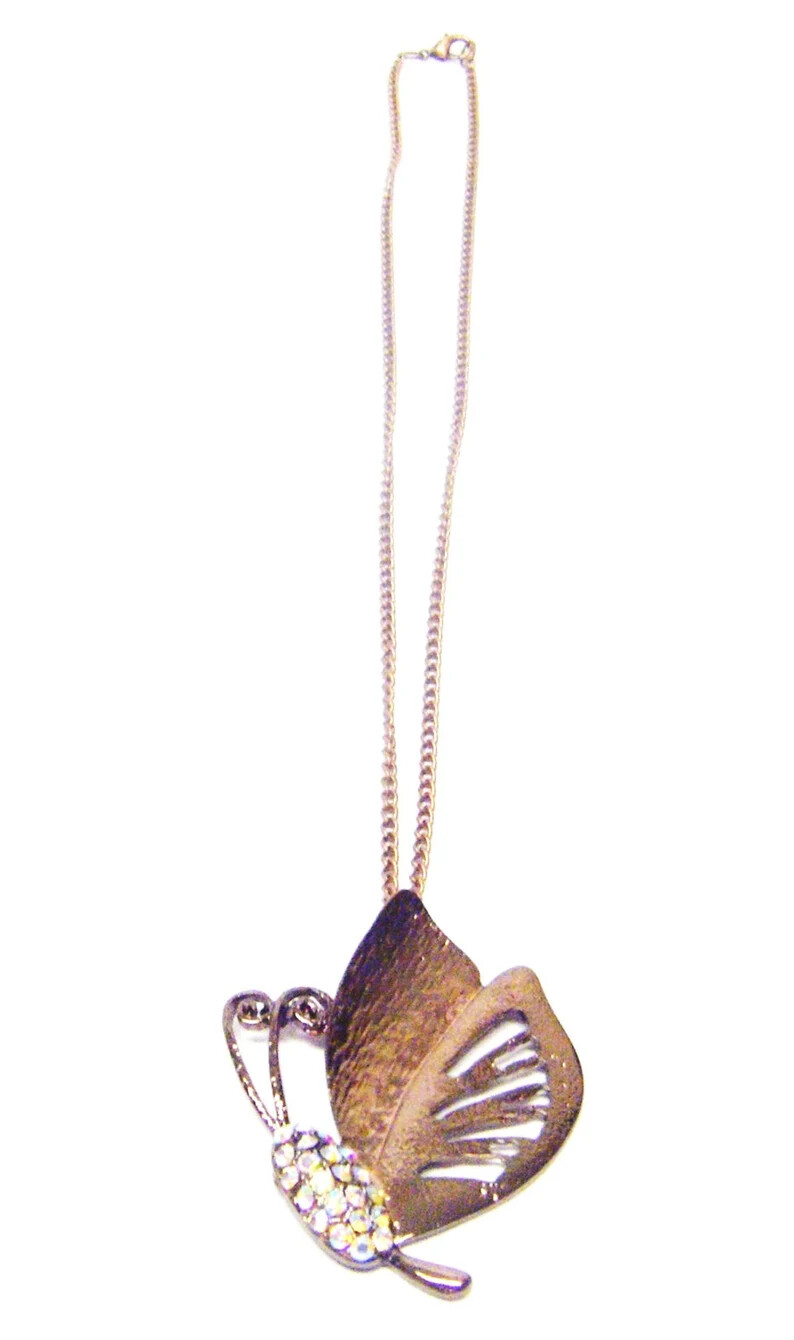 Rhodium Finished Copper Butterfly w/Rhinestones Pendant Necklace