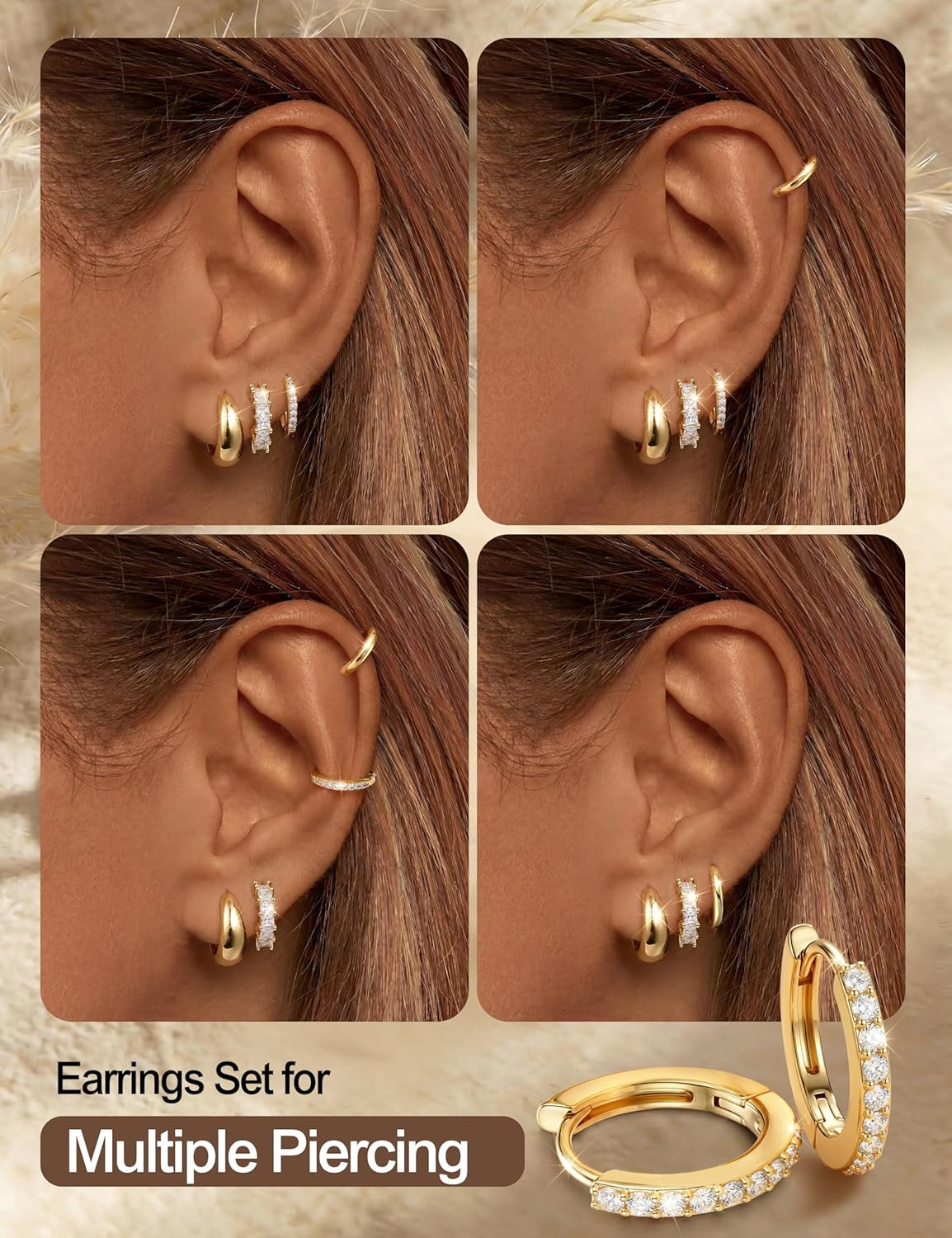 14K Gold Plated Chunky Hoop Earrings for Women Hypoallergenic – 4 Pairs Non Tarn