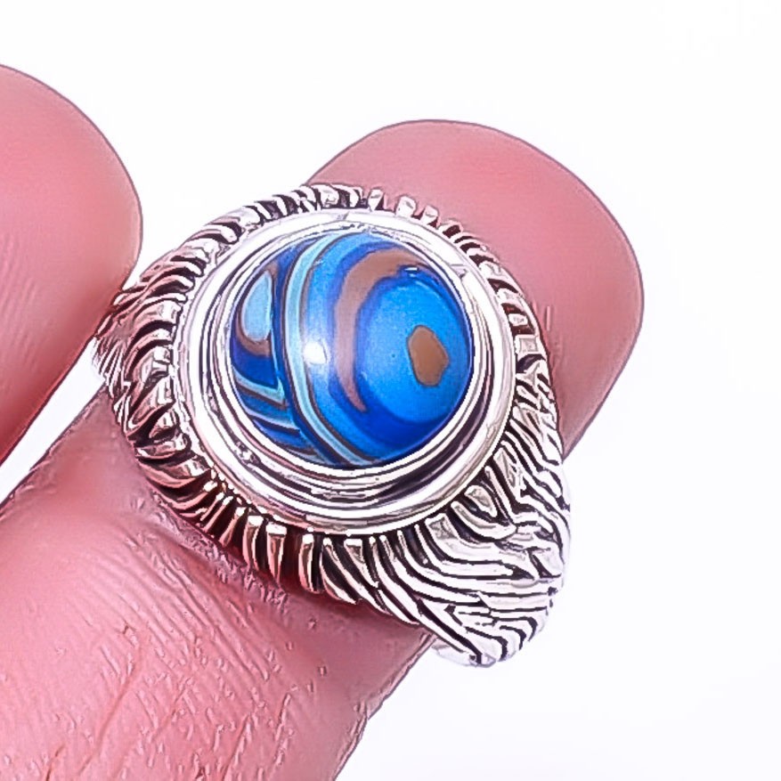 Solitaire Rainbow Calsilica Handmade Silver Plated Ring s.7.5 R1120-36
