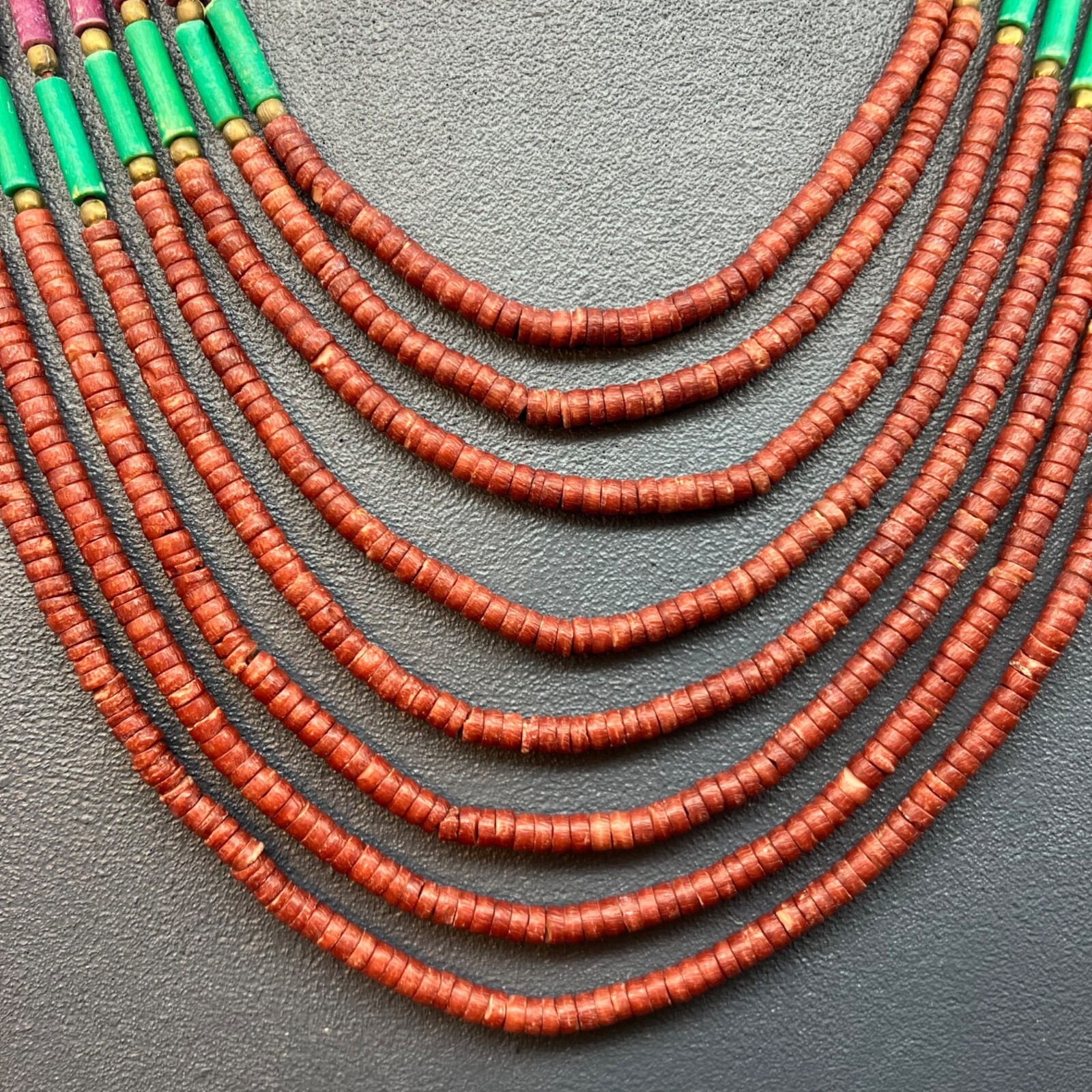 Seven Strand Statement Necklace Ivory Bar Purple Green Maroon Gold Round Button