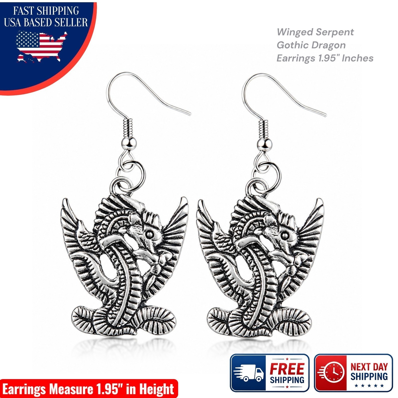 Fierce Dragon Earrings Gothic Dangle Tibetan Silver Finish Steel Hook Charms New