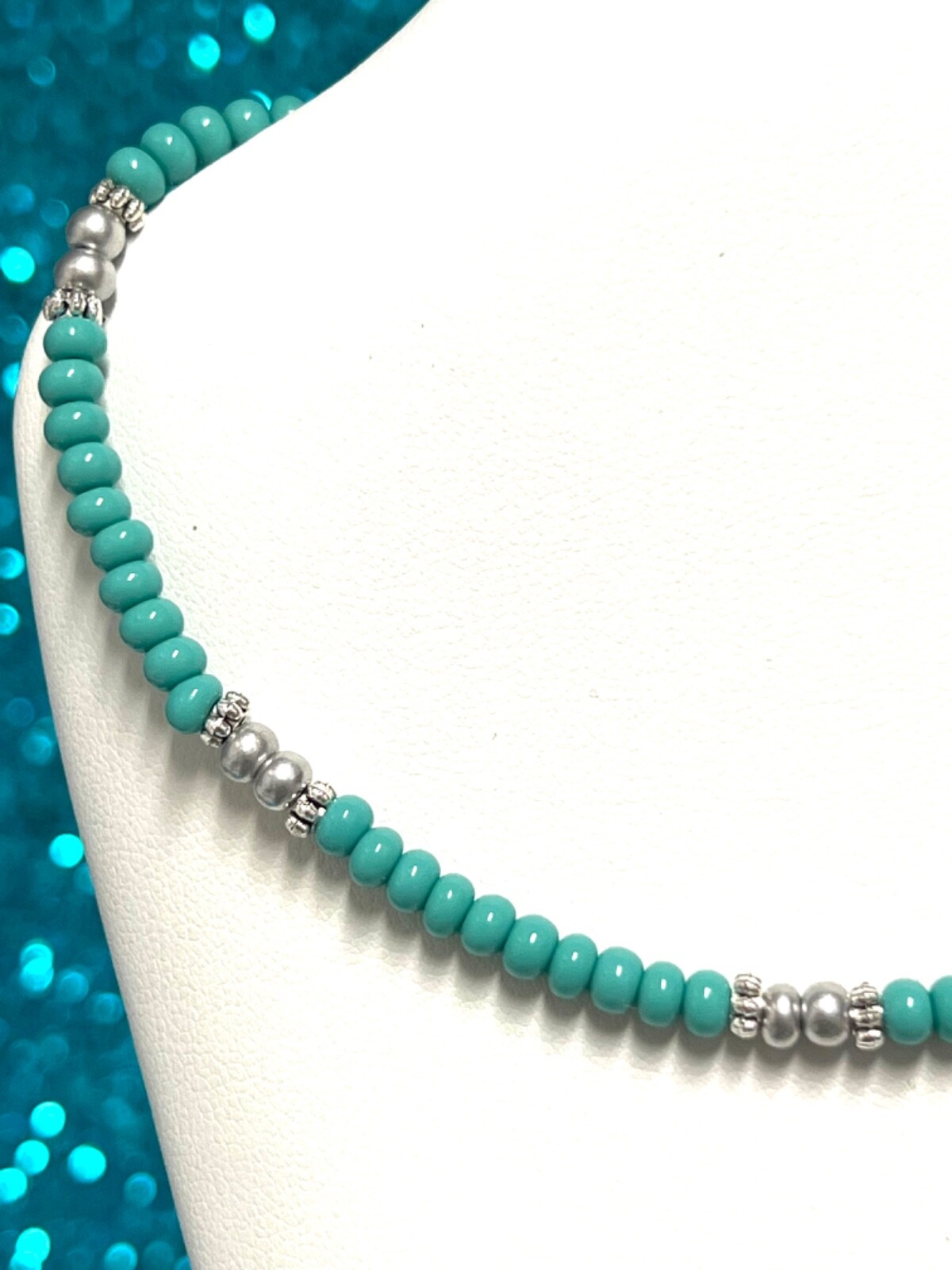 Texas Treasures Turquoise and Silver Preciosa Seed Bead Necklace 15 , 16 , 18 In