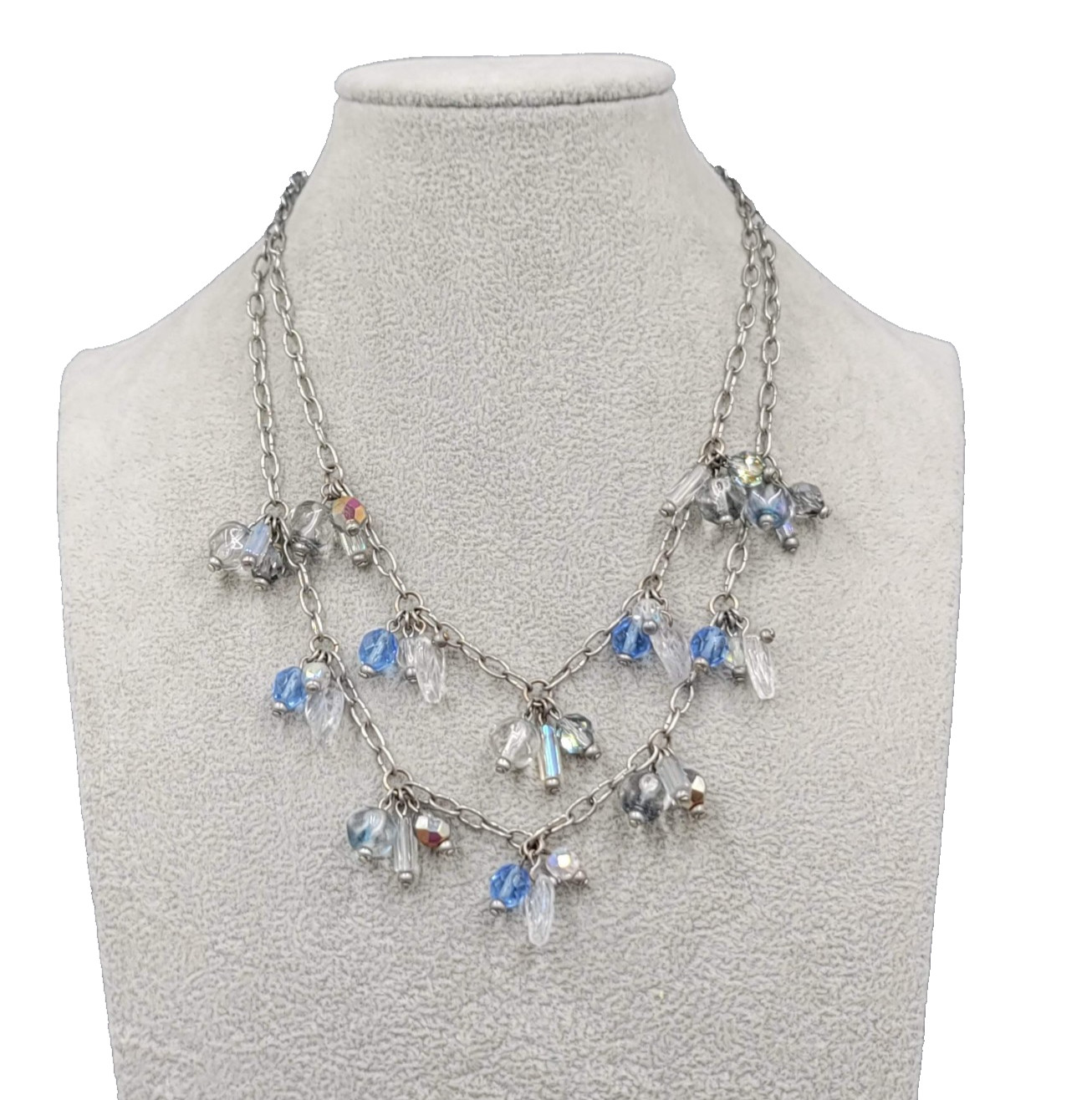 Blue & Clear Glass Bead Necklace Silver tone Triple Chain Layered 18″ adjustable