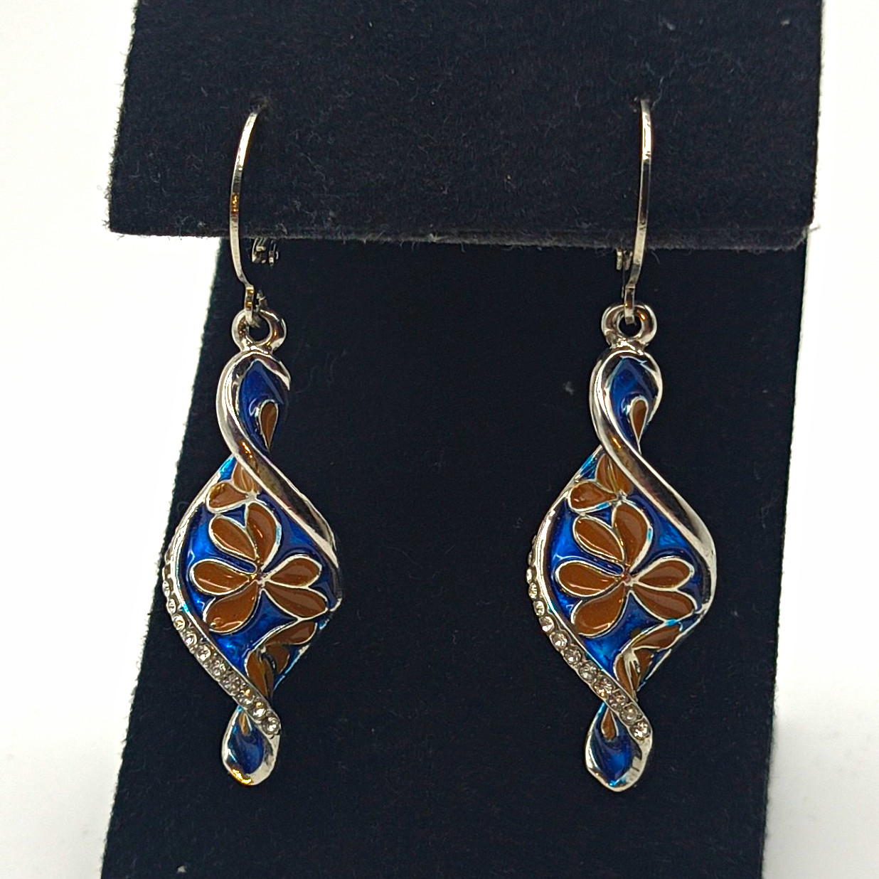 Silver Tone Blue Brown Enamel Floral Twist Dangle Hook Earrings No Stone