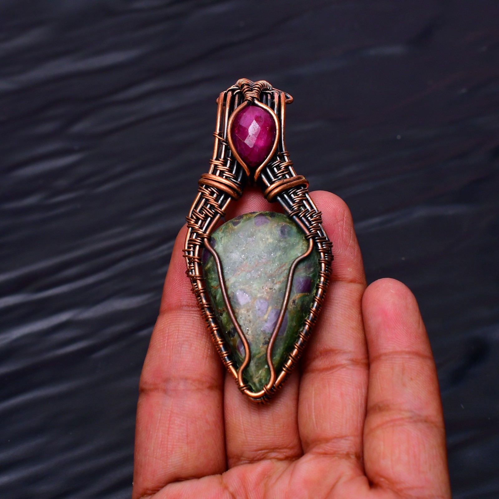 Ruby Fuchsite Gemstone Copper Wire Wrapped Handmade Jewelry Pendant 2.91″