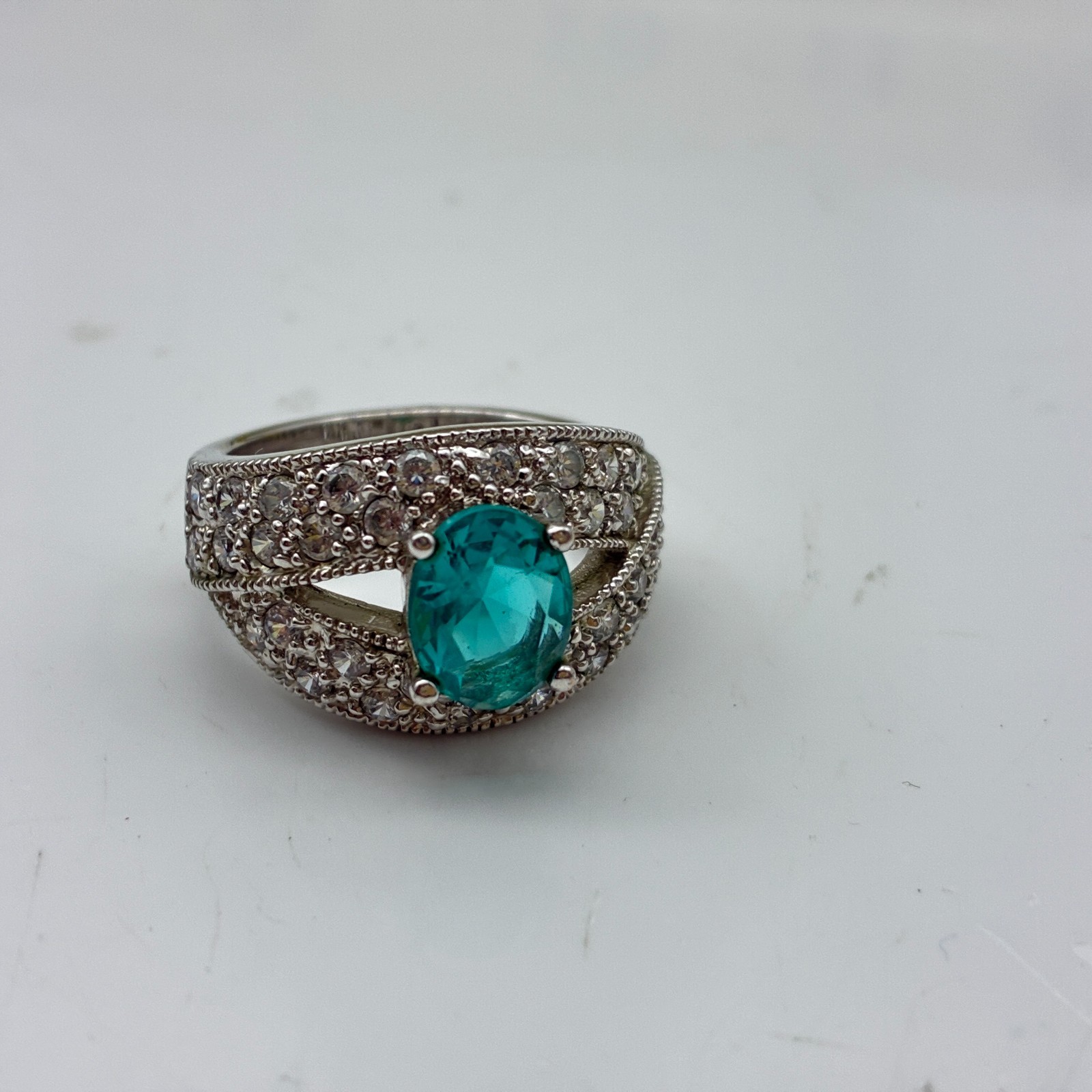 Teal Crystal Ring Silver Tone Split Shank Statement Cocktail