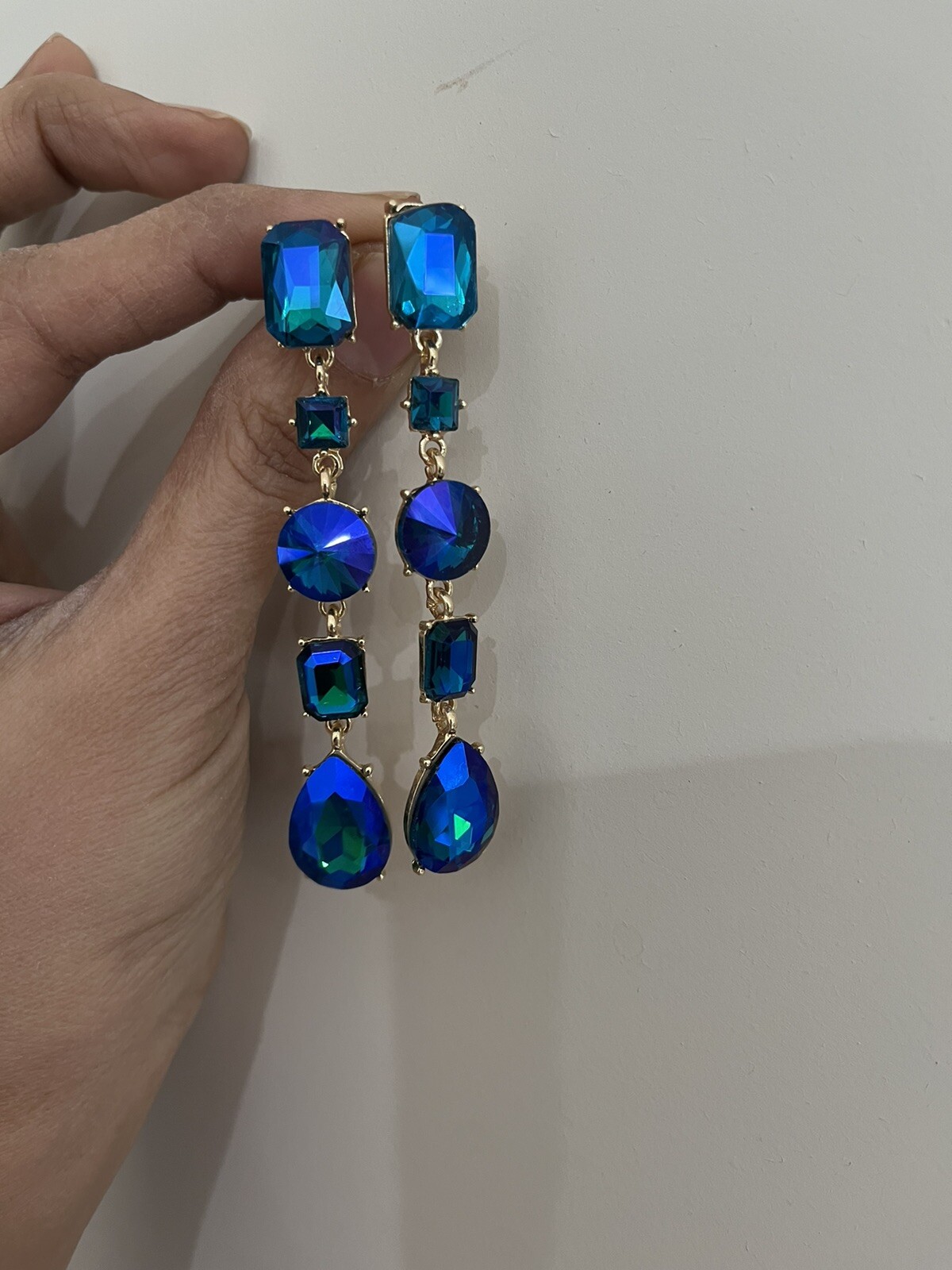 Blue Ab Earrings Green Blue Long Royal Drop Dangle Rhinestone Crystal Pageant