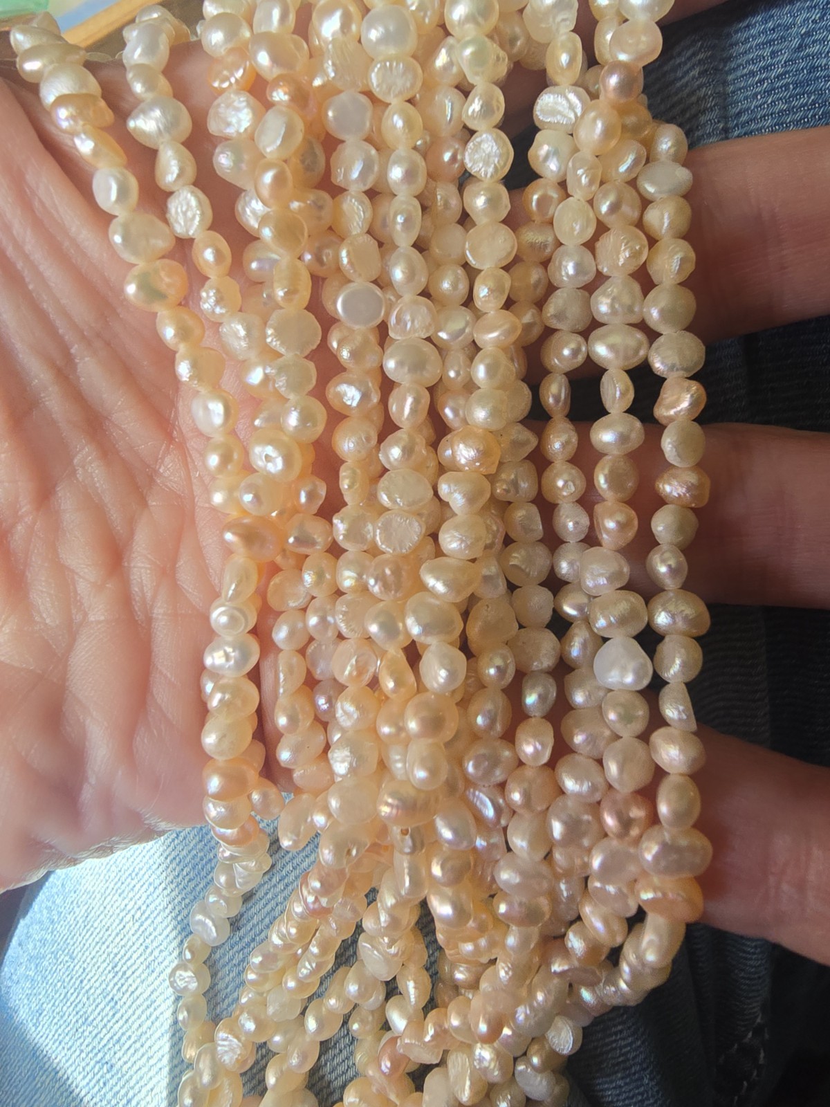 Cream Round Pearl Multi-Strand Beaded Necklace, Ball/Bead Chain, 50 in