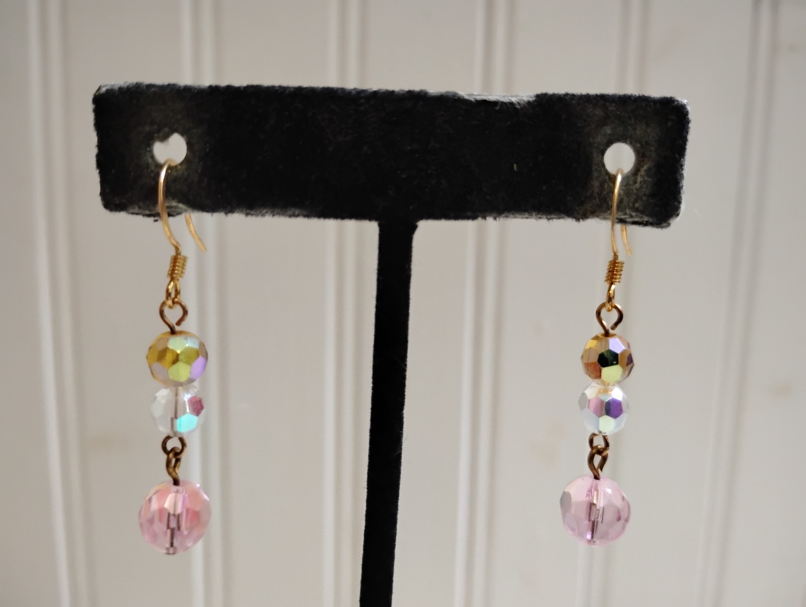 Goldtone Metal Yellow Clear Pink Crystal Bead Drop Dangle Wire Pierced Earrings