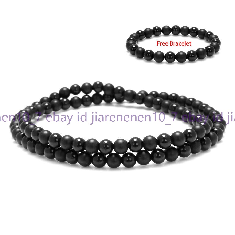 8mm Black Onyx Gems Mens Necklace 30 In & Healing Stone Free Bracelet 7.5 In