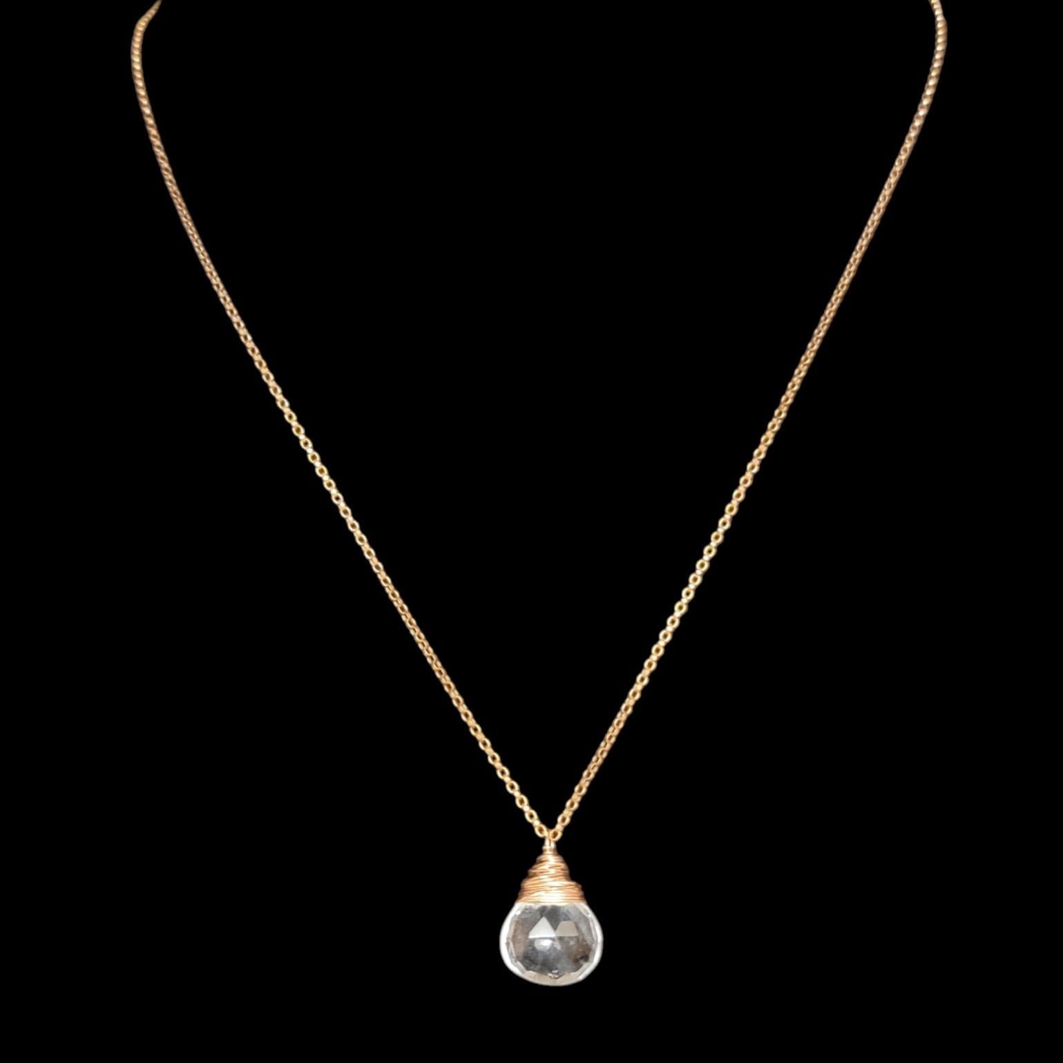 Faux Crystal Quartz Necklace Wire Wrapped Pendant Copper-tone 18″ Boho Retro