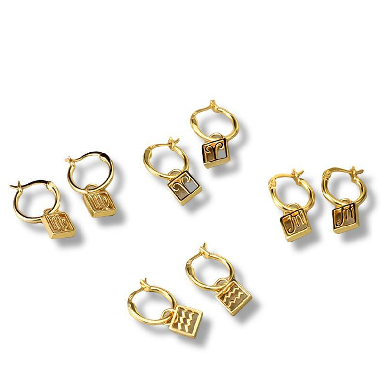 Shiny Gold 925 Silver Sterling Silver Zodiac Charms Small Hoop Earrings Unique