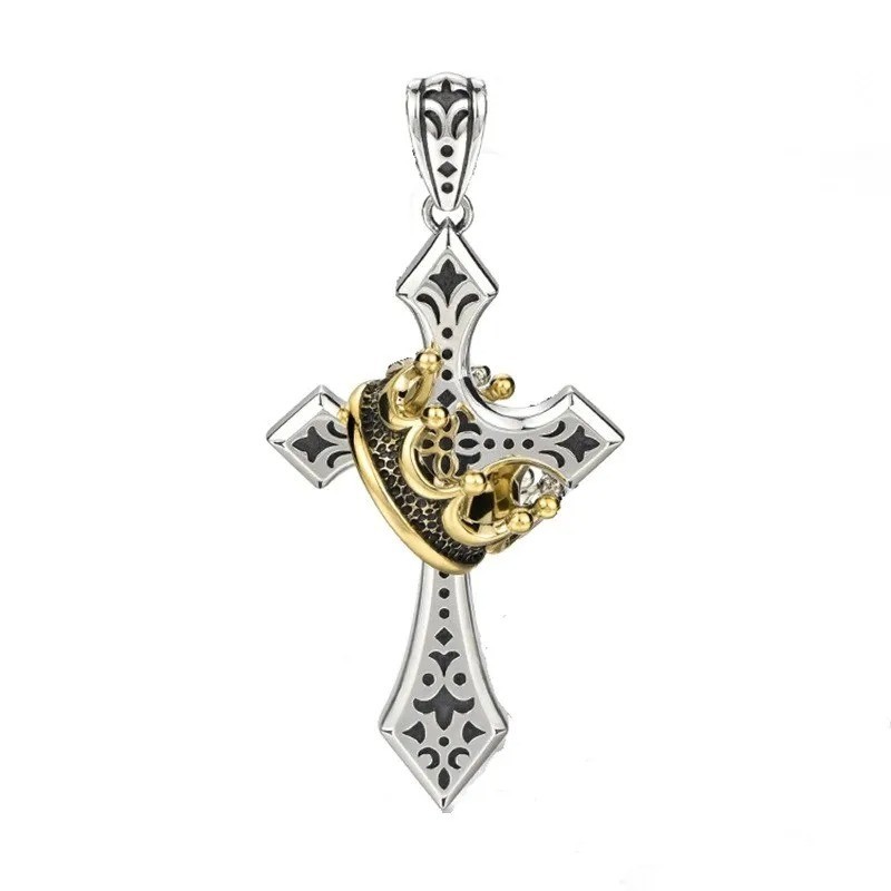 Mens Stainless Steel Cross Necklace with Gold Crown Pendant Christian Jewelry US