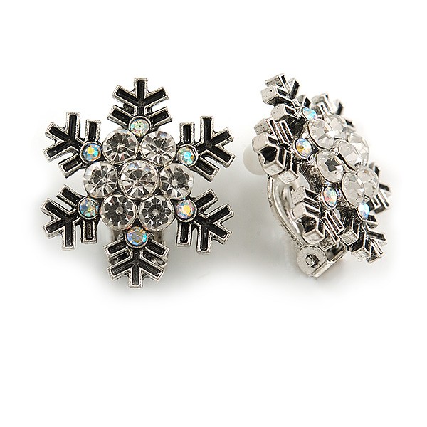 AB/ Clear Crystal Snowflake Clip On Earrings In Silver Tone – 20mm Diameter