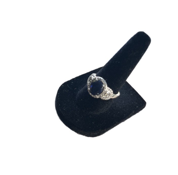 Sterling Silver 925 Lab-Created Oval Cut Blue Sapphire White CZ’S Oval Ring 7.25