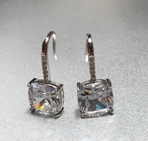 3CTW Simulated Diamond Cushion Drop Earrings 10k White Gold Plated Elegant Gift