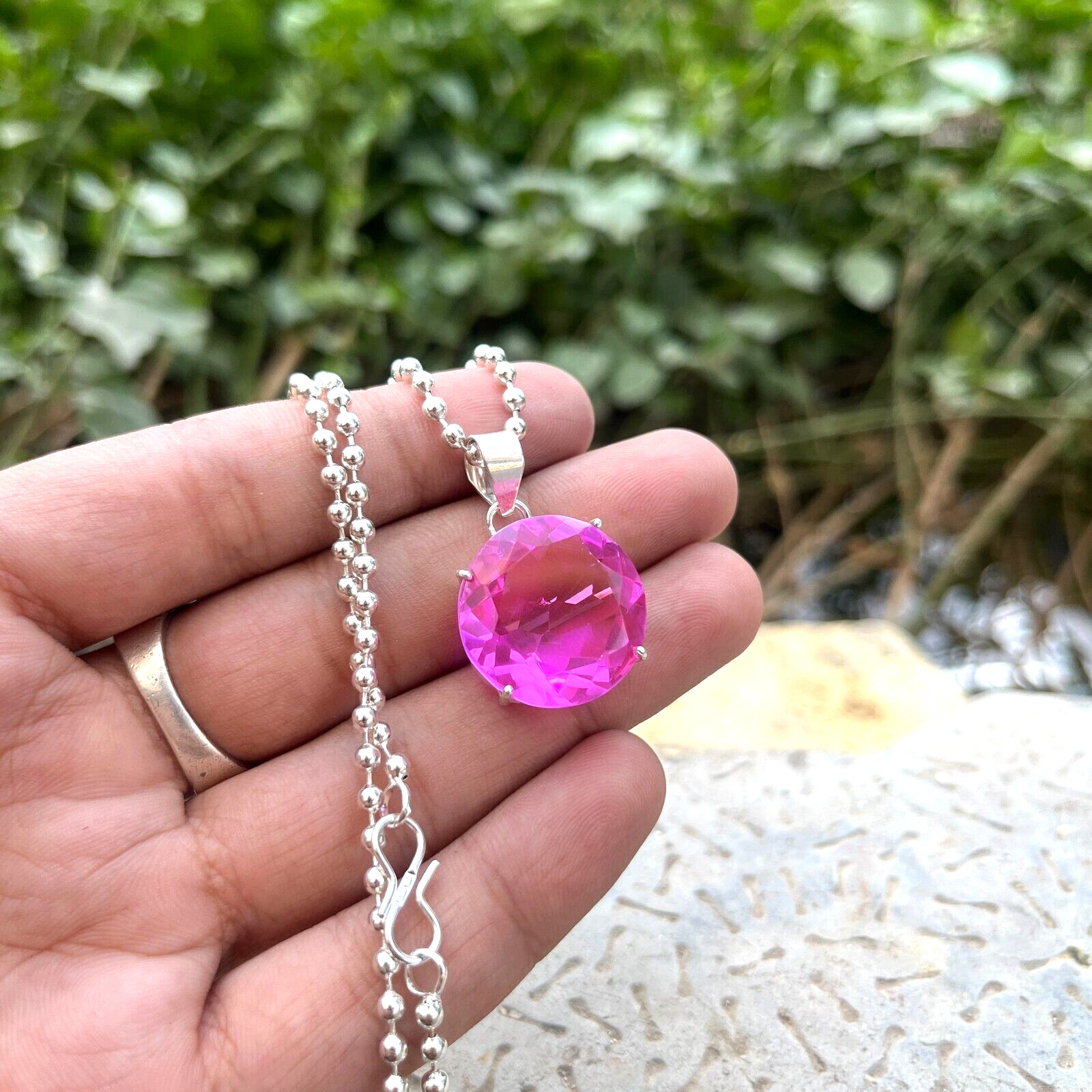 Pink Quartz 925 Silver Plated Handmade necklace of 10.7″