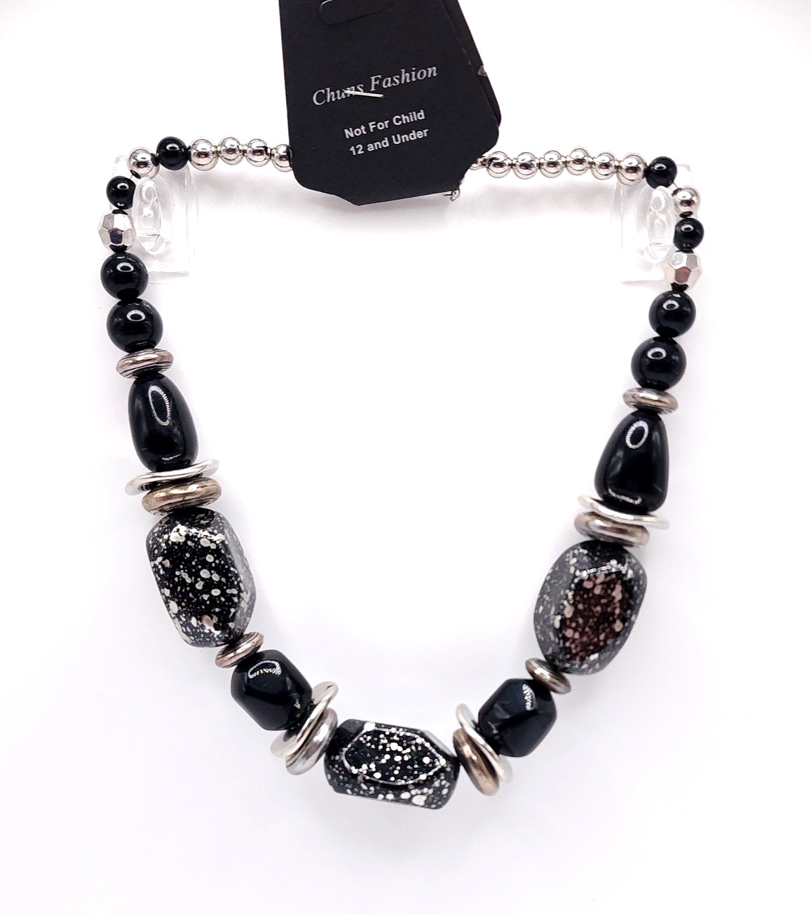 Chuns Fashion Good Glazes Black Acrylic Statement Necklace Silver Tone