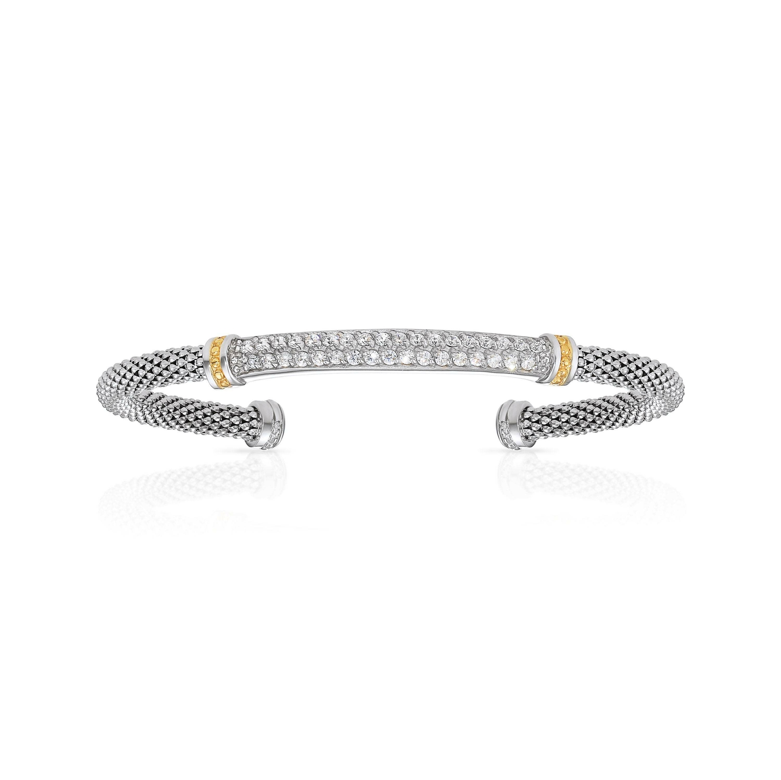925 Solid Sterling Silver Italian Popcorn Chain Bangle Cuff Bracelet With CZ Bar