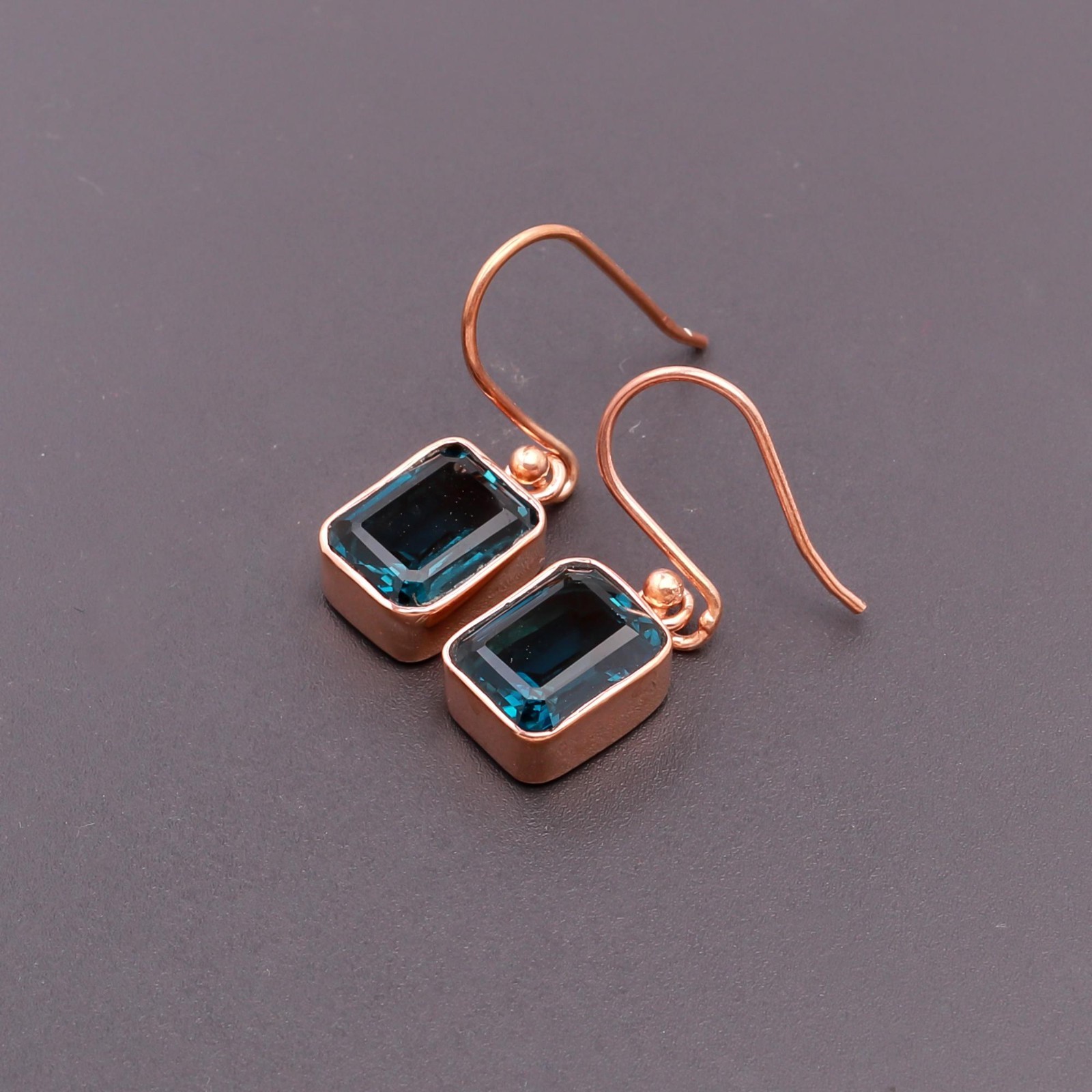 Natural Blue Topaz Octagon Dangle Earrings Rose Gold Fill Solid Silver Jewelry
