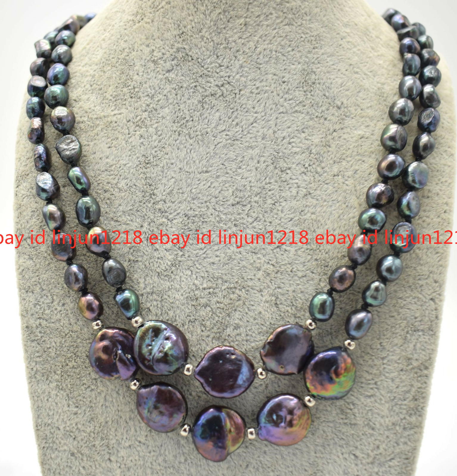 2Rows 7-8mm Natural Black Baroque Pearl 12-13mm Coin Pearl Necklace 18-19in